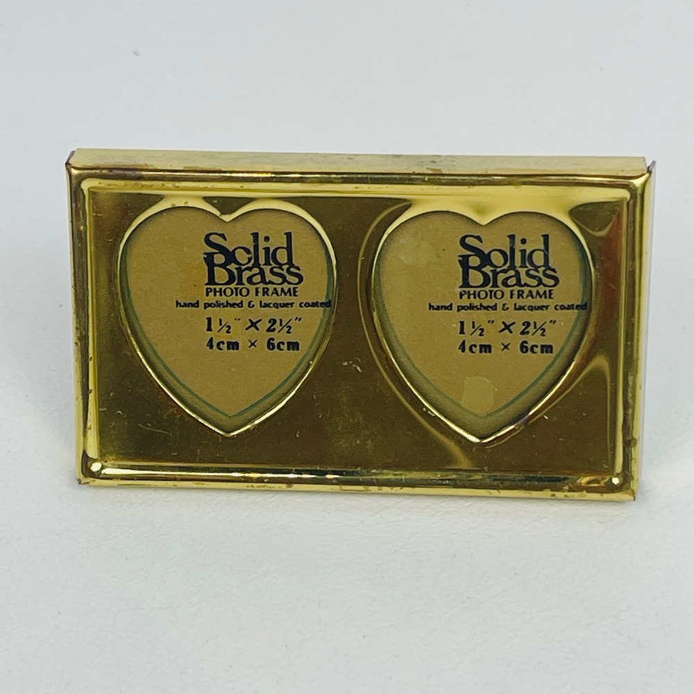 Solid Brass Double Heart Photo Frame Gold Vintage Tabletop 1.5x2.5 Good